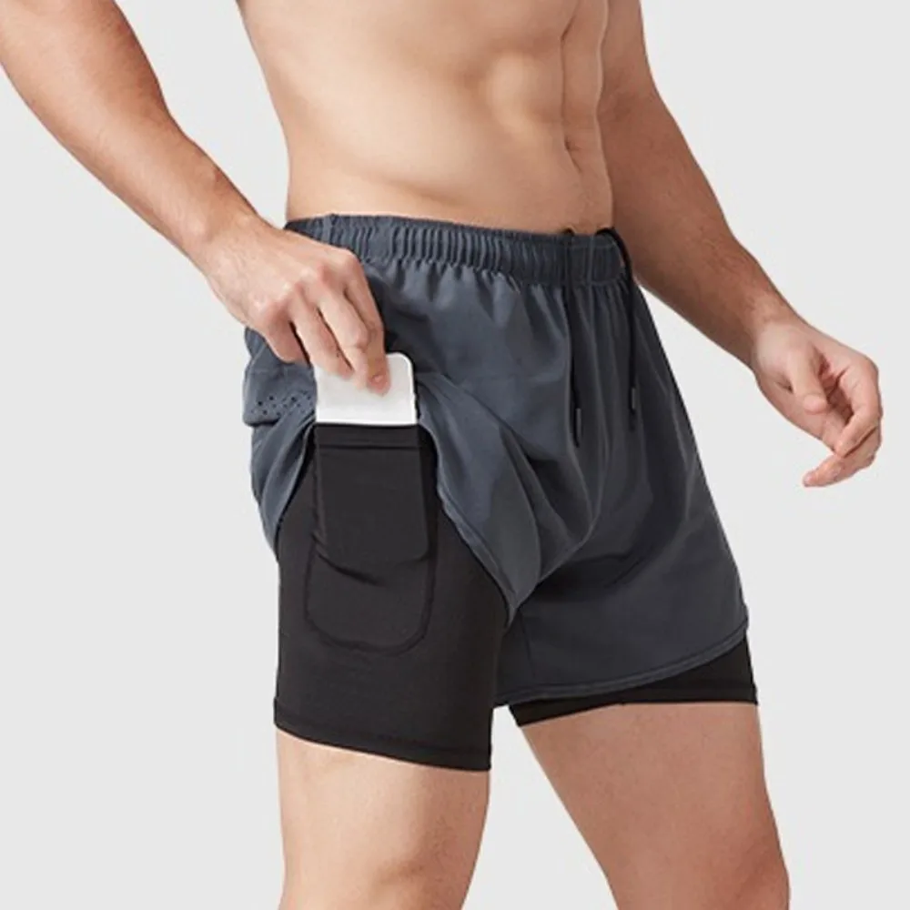 Yoga Shorts 2 in 1 Sports Shorts Reflective Stripe with Pocket Men's Sportswear with Liner Quick Dry Cycling Shorts Gym
