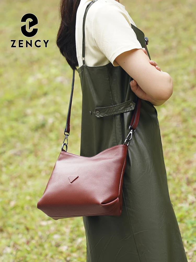 Zency New Summer Genuine Leather Shoulder Cross Body Bag Large Capacity Women Bag with Detachable Long Strap Simple Designer