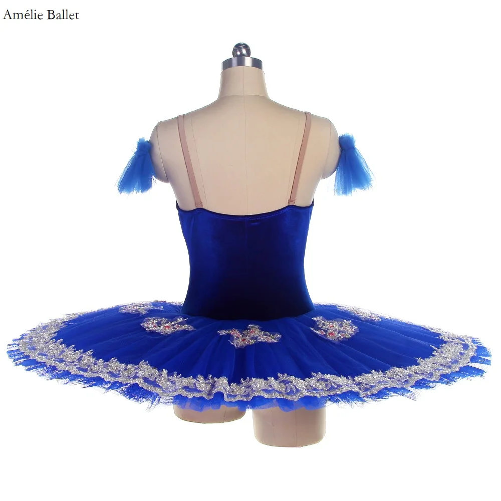 BLL446 Royal Blue Stretch Velvet with Silver Applique Pre-professional Ballet Tutu Girls & Women Performance Ballet Pancake tutu