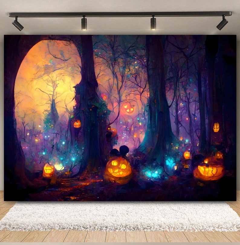 Fondo de bosque de Halloween, fotografía de Horror, Luna, noche, calabaza, terrorífica, bosque brumoso, fiesta del Día de Todos los Santos, Fondo de estudio fotográfico