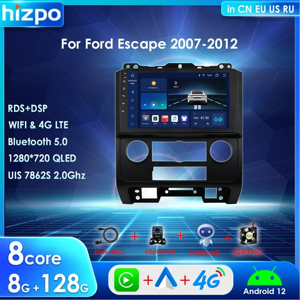 Hizpo 2din Carplay Android 13 UIS7862S Car Radio For Ford Escape 2007-2012 Multimedia Player 4G GPS Audio Stereo BT SWC RDS DSP