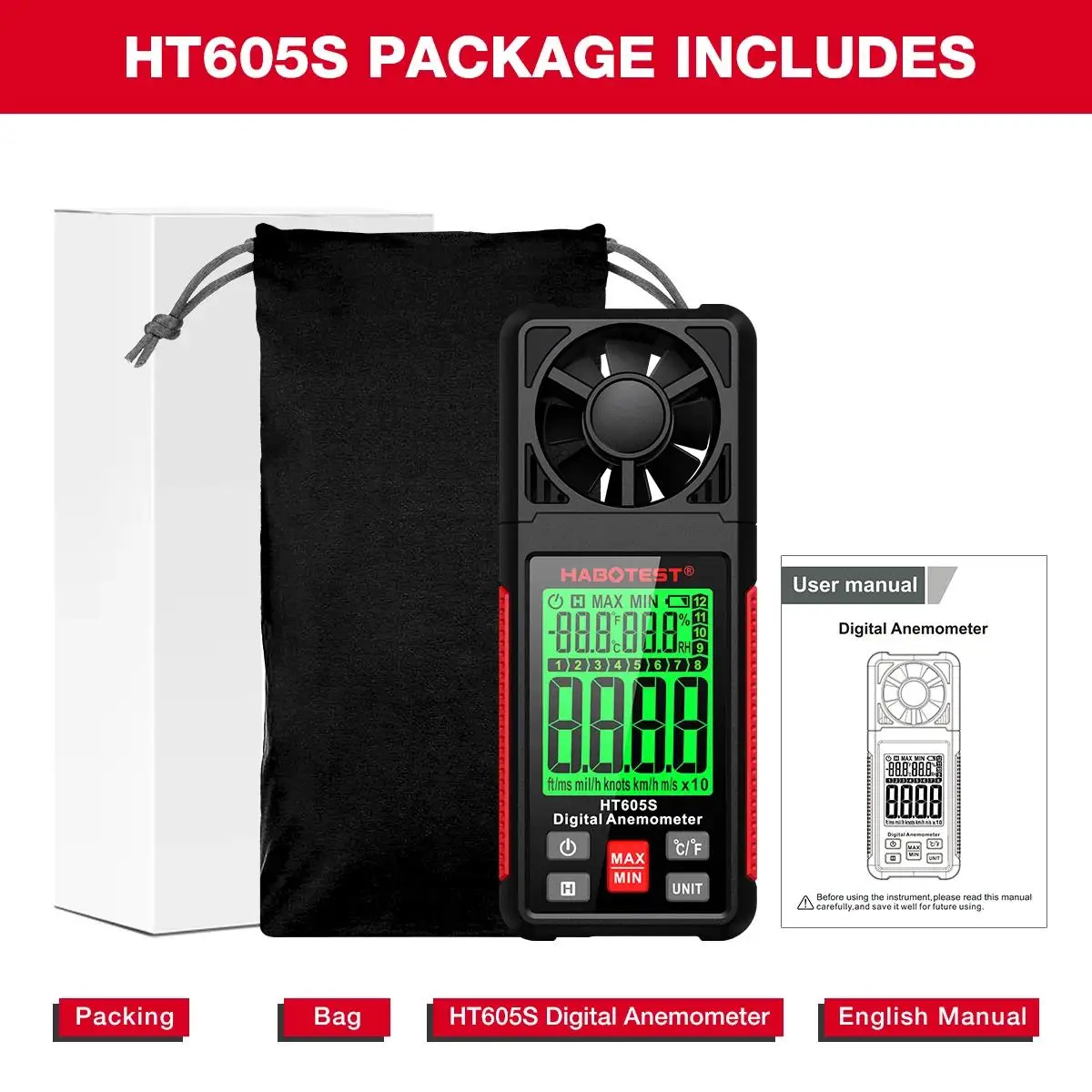 HABOTEST HT605S Digitale Anemometer Handheld Draagbare Windsnelheidsmeter Luchtsnelheidsmeter LCD Display Temperatuur-vochtigheidsmeter