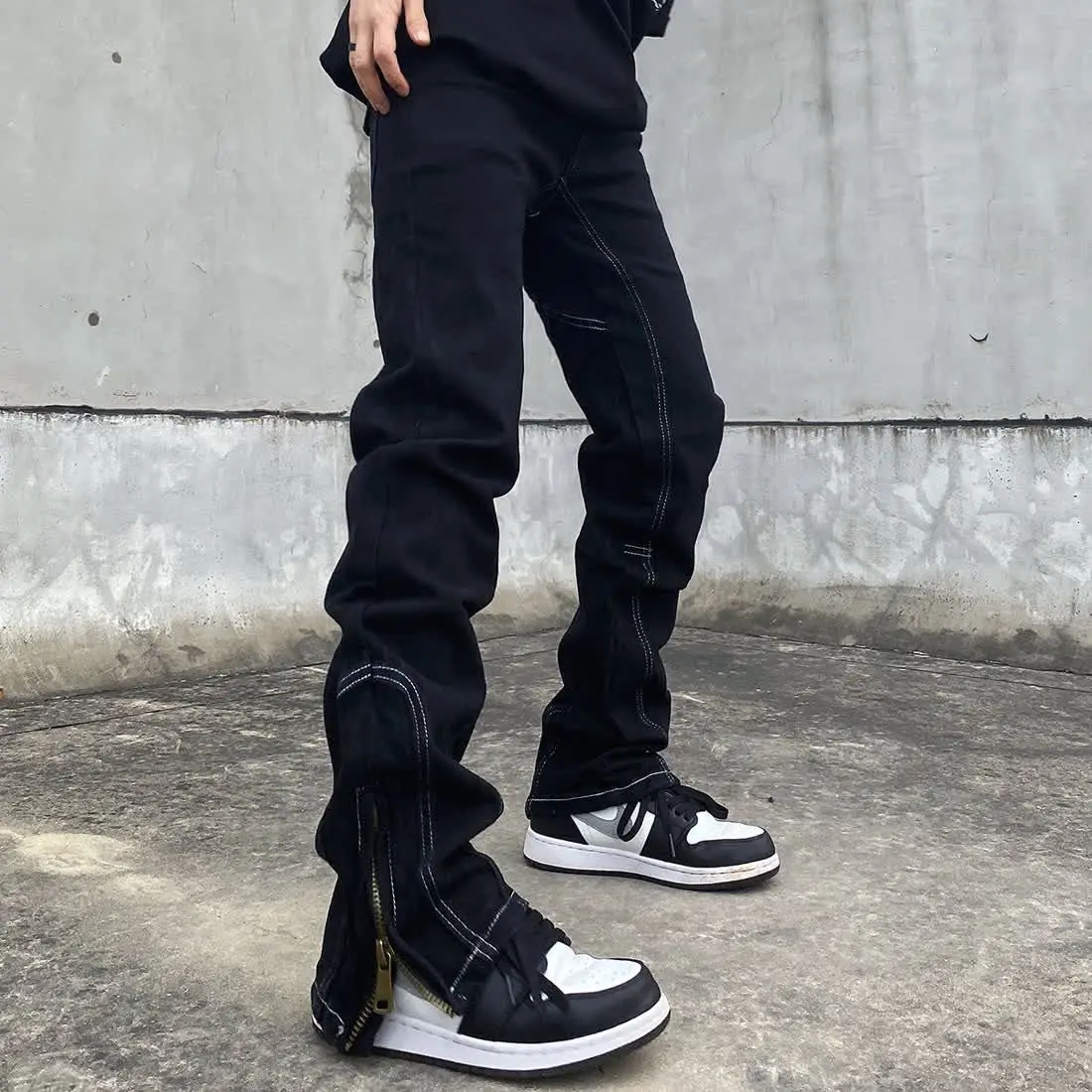 American High Street Bright Thread Slim Fit Slim Pant Hem Split Zipper Straight Leg Jeans Micro Flare Versatile Pants for Men an