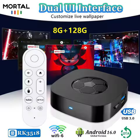 Mortal Smart TV Box T1 Ultra Android 16 4K HD Voice Remote 128G RK3518 BT5.0 WiFi 6 Ultra Fast Wireless HDMI HDR10+ TV Play Box