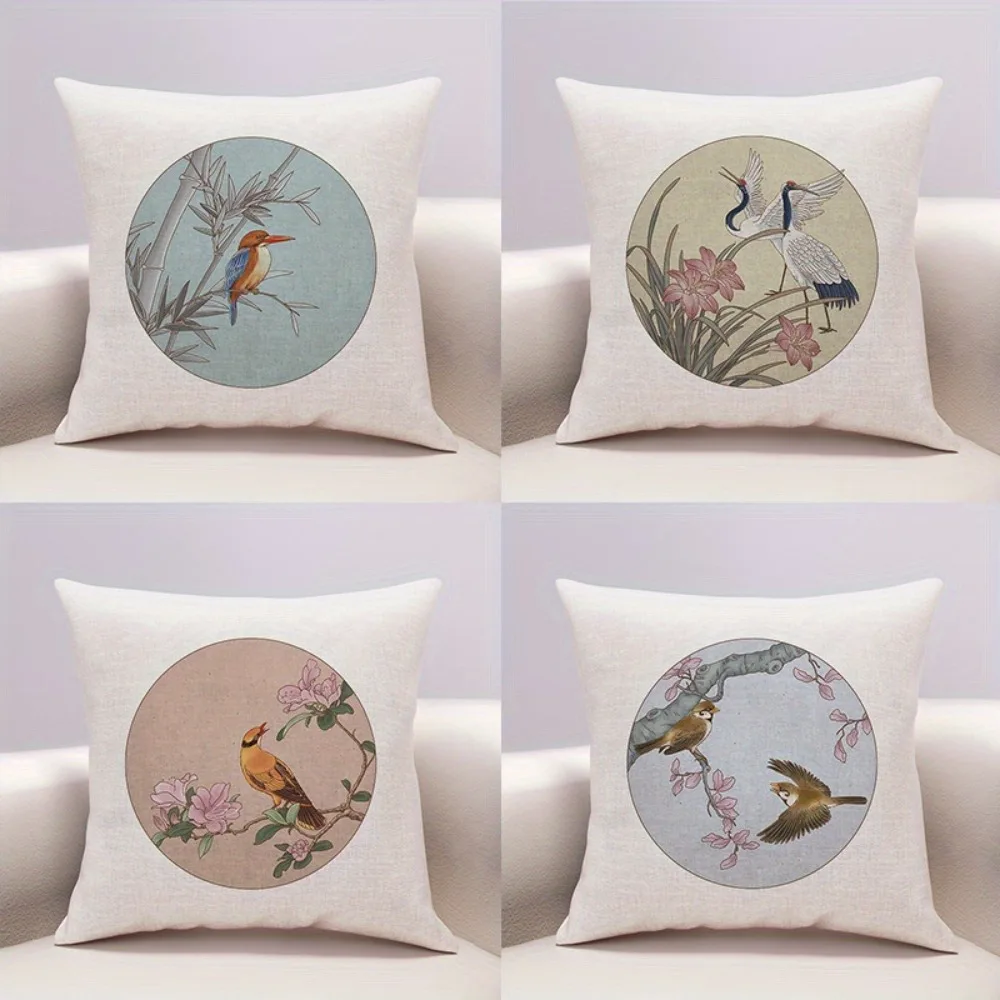 

Традиционная китайская наволочка с птицами и цветами: круглая наволочка с пейзажным узором для элегантного дивана, спальни, домашнего декора