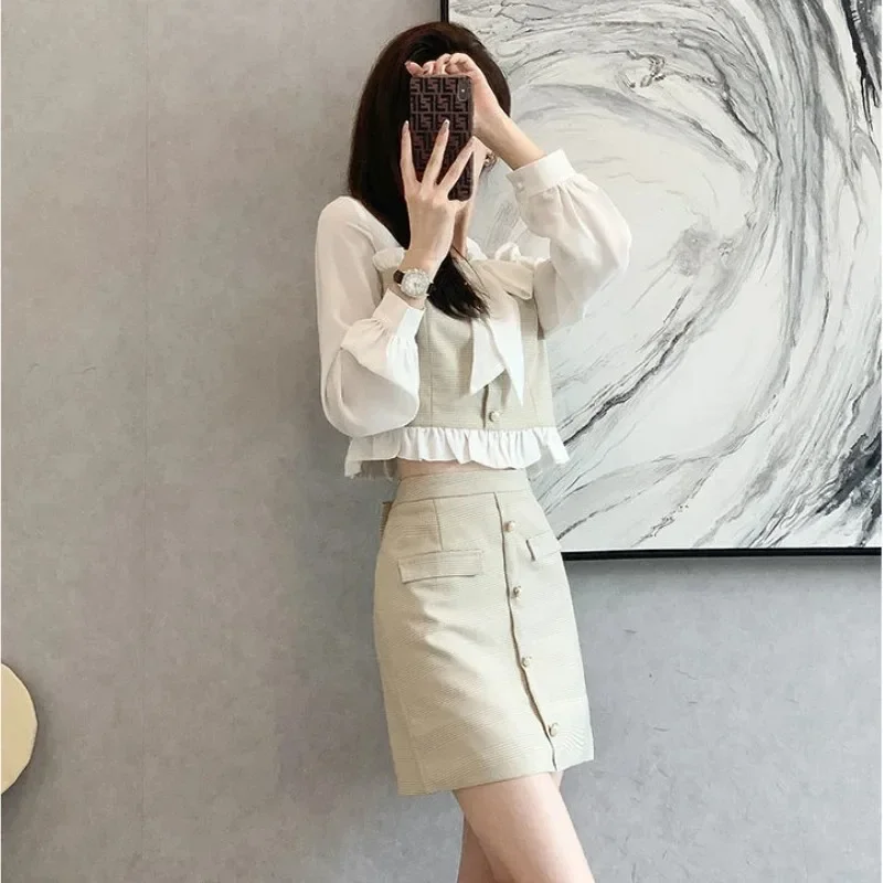 

Элегантные комплекты платьев для женщин, простой корейский стиль, весна-лето, мини-юбки, милый офисный женский дизайн, ниша с бантом, повседневная мода