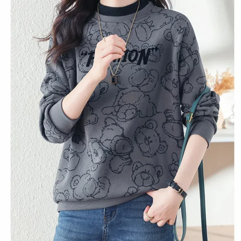 Women\'s Clothing Pullover Round Neck Letter Cartoon Patchwork Lantern Long Sleeve Hoodies Casual High Street Preppy Style Tops