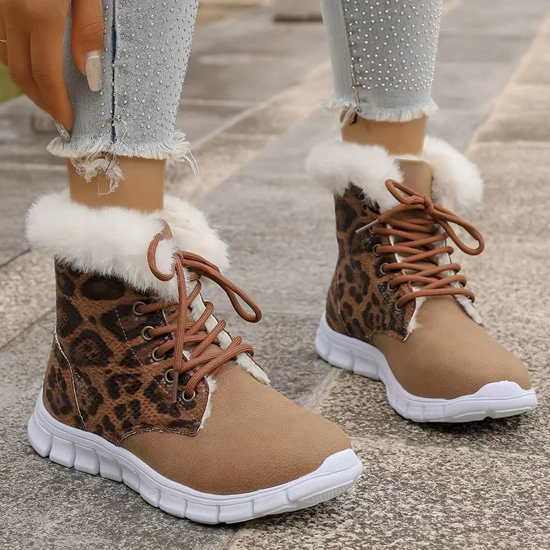 

Winter Leopard Print Cotton Padded Shoes Women Anti Slip Lace Up Warm Fur Snow Boots Woman Plus Size 43 Fluffy Ankle Boots