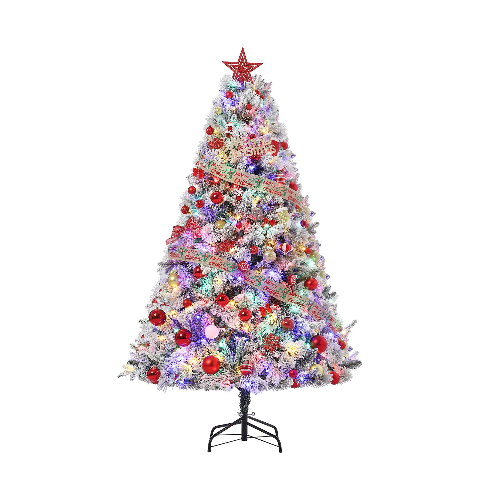 6FT Pre-Lit Snow-Flocked Artificial Christmas Tree - 400 Multicolor LED Lights, 850 Hinged Sections, PVC/PE Pine Needles, Metal Stand, Indoor/Outdoor Holiday Decor