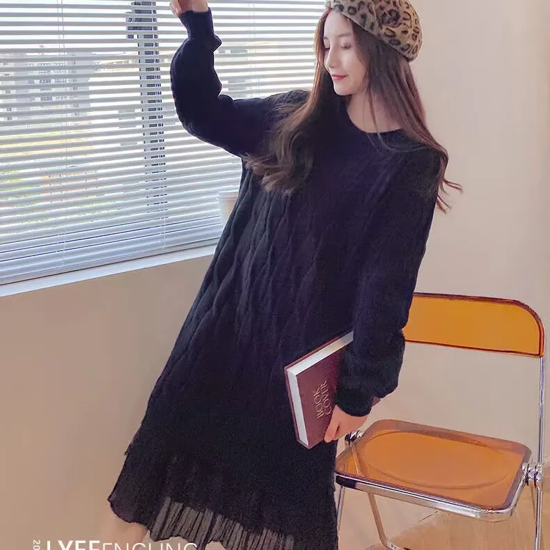 Woman Autumn Winter Knitted Sweater Dress 2025 Female Elegant Lace Patchwork Long Sweater Korean Outerwear Loose Sweater Dress