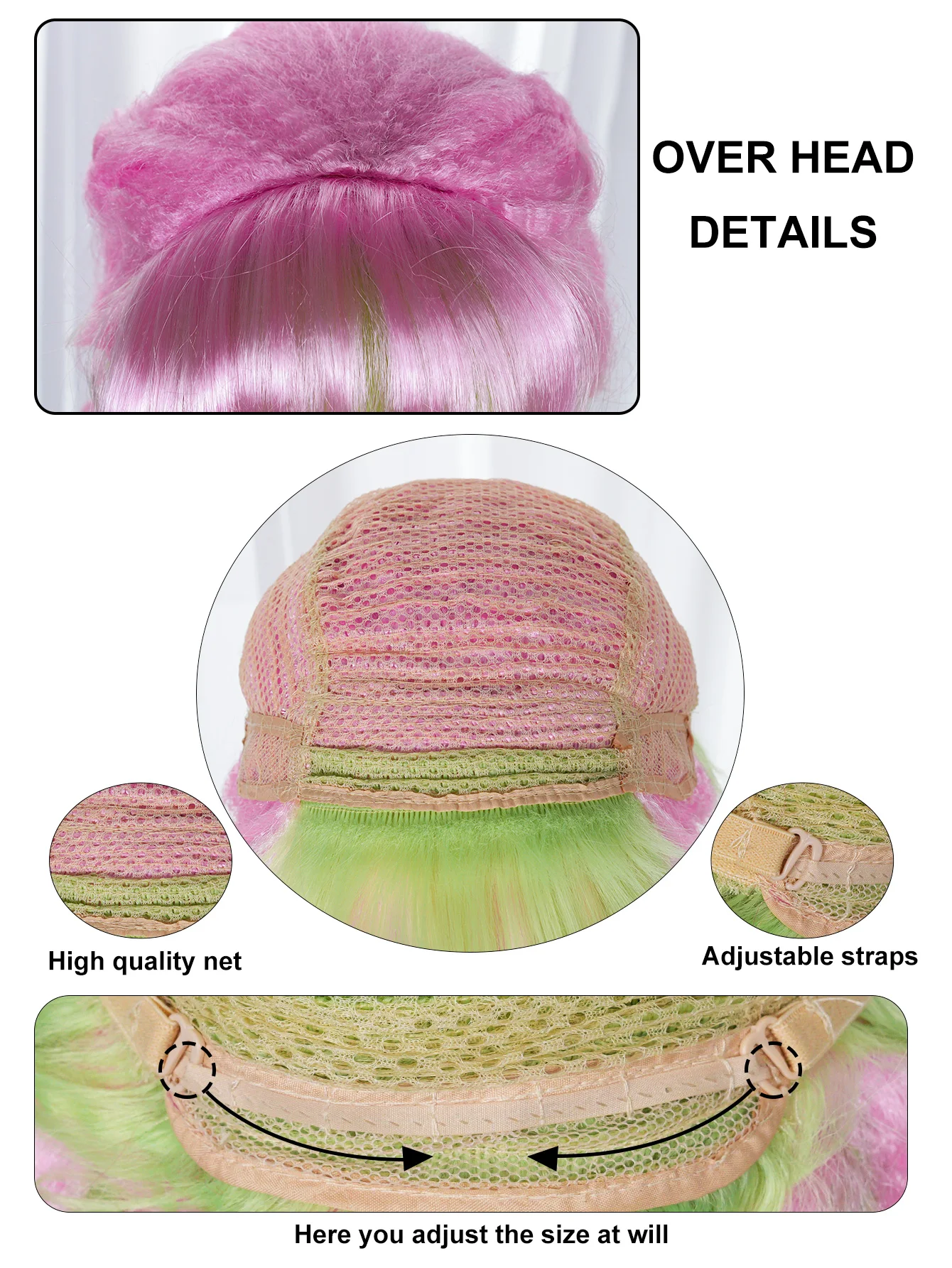 Synthetic fiber hair, bangs, costume wigs, pink and green woven anime wigs, suitable for women's carnival anime parties - view 6