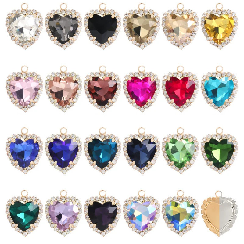 10pcs Crystal Heart Pendant Necklace Metal Button With Claw Hanging Rhinestone Accessories DIY Earrings Jewelry Decor Crafts