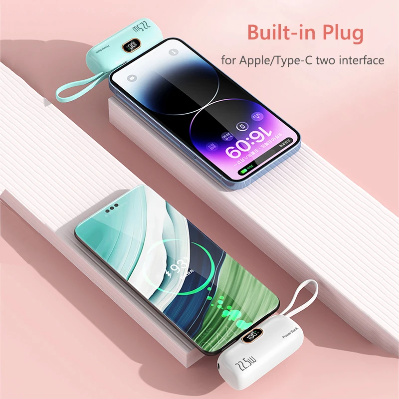 22.5W Fast Power Bank 5000mAh Built Cable Type C Plug Portable Charger for iPhone 15 14 13 Samsung Xiaomi Huawei Mini Powerbank