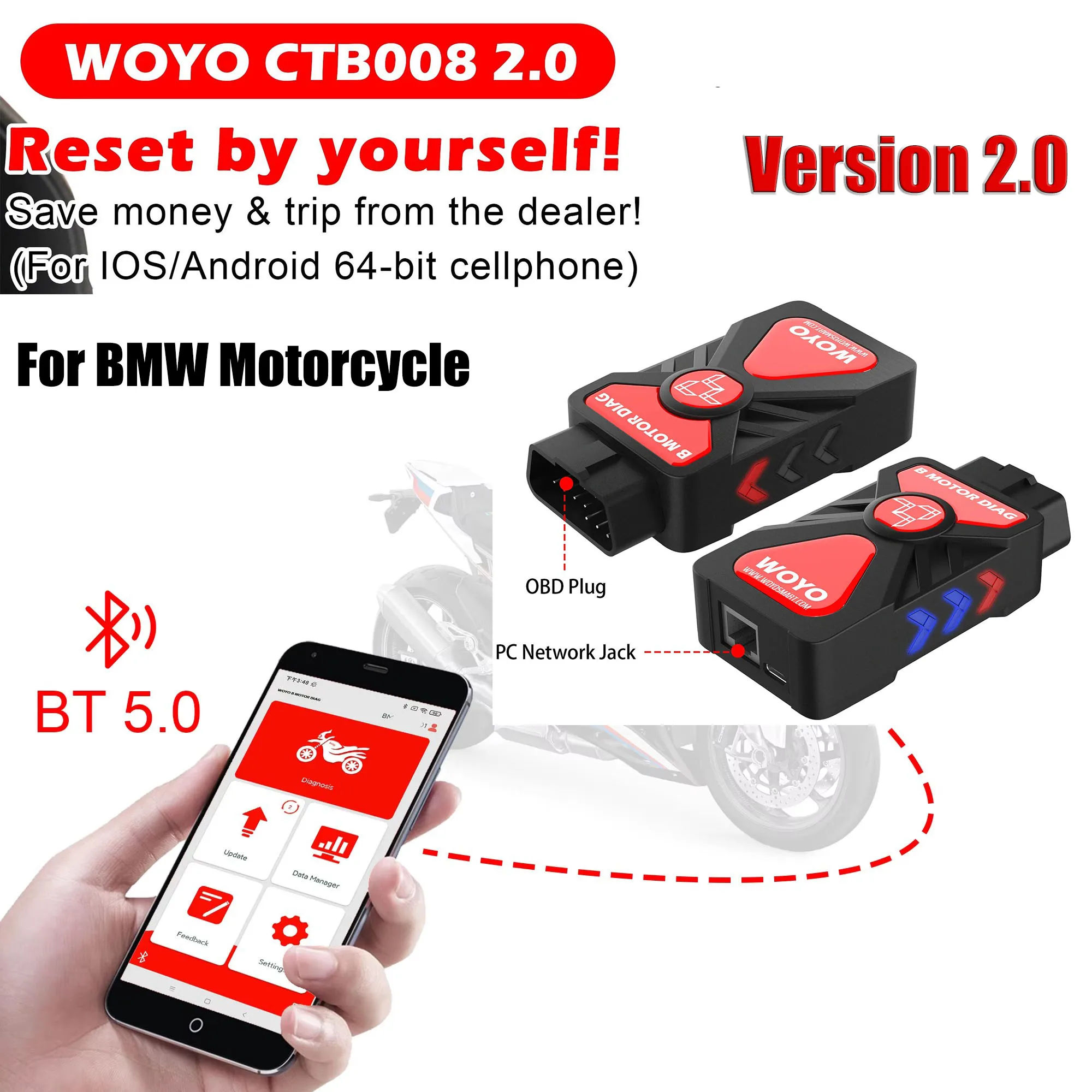 For BMW Motorcycle OBD2 Diagnostic Scanner New WOYO CTB008 2.0 for BMW R1200 R1250 F850 RnineT BT 5.0 Wireless Cellphone Tester