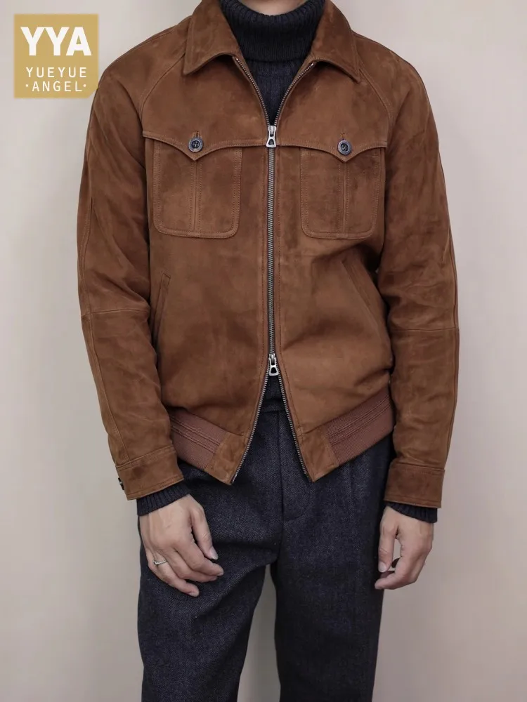 

Male Real Suede Leather Jacket Turndown Collar Zip Slim Fit Short Coat Autumn Hot Sale Business Work Biker Outerwear Top Quality