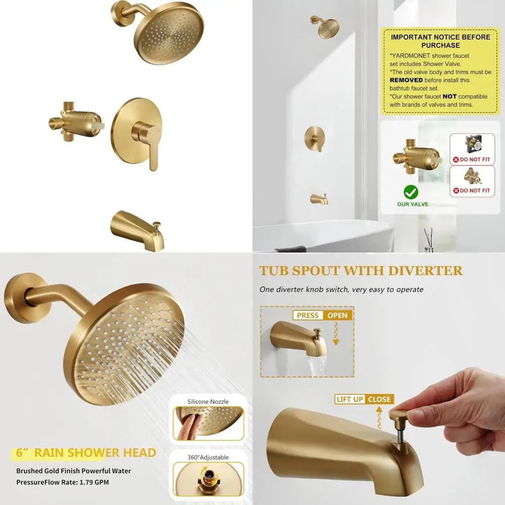 

6-Inch Rain Shower Head Combo Kit with Tub Spout, Bath and Shower Faucet Set, Gold Finish