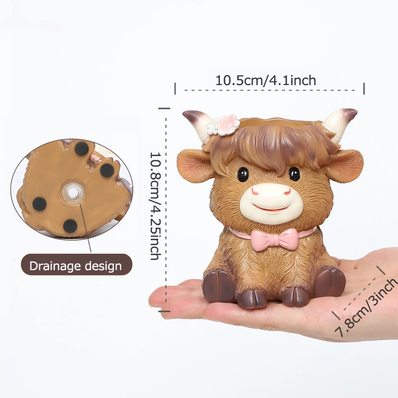 Cute Highland Cow Small Plant Pot Resin Succulent Planter for Home Office Desk Mini Ornament Fairy Garden Flowerpot Decoration