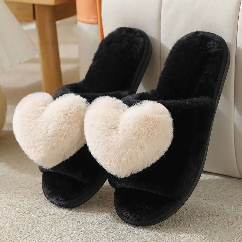 Women Shoes Autumn Winter Indoor Warm Home Slippers Bedroom Cute Heart Pattern Non-slip Soft Comfortable Plush House Slippers