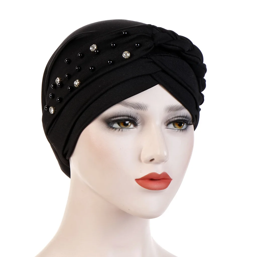 Southeast Asia New Spring and Autumn Muslim Baotou Hat Monochrome Single Side Nail Bead Nail Drill Whip Headscarf Hat