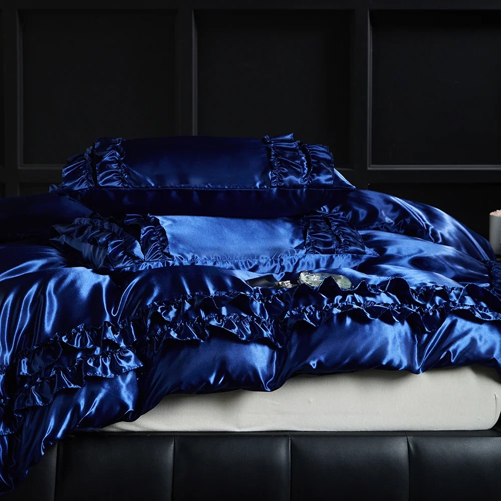Luxury Satin Double-layered Ruffles Bedding Set Queen Soft Smooth Duvet Cover and Pillowcase Silky Single Double Comforter Cover