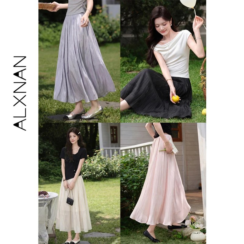 

ALXNAN Black Skirt Summer Long A-line Pleated High Waist Elastic Waist Skirt 2026 Fashion Elegant Casual Women's Skirts L63823-3