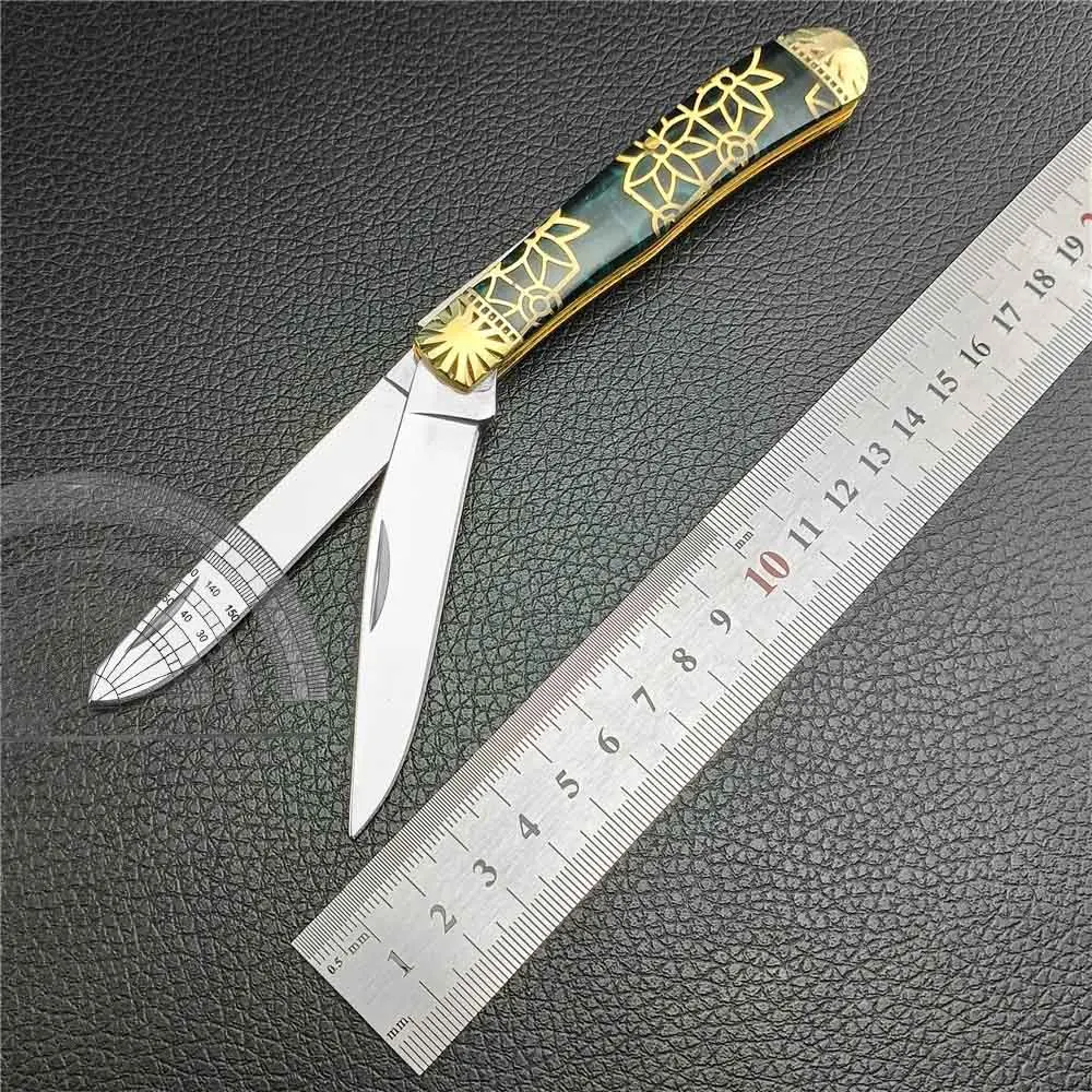 New 440C Double Blades Brass & Resin Handles Folding Pocket Knife Tactical Knife Hunting Edc Self defense Survival Knife