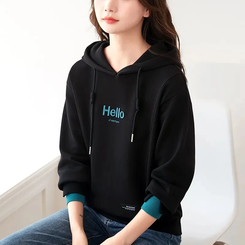 

Letter Printed Hooded Sweatshirt Women's Fashionable Loose Versatile Western Style Embroidered Top