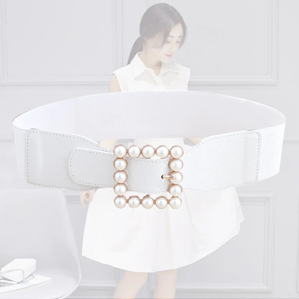 

Pearl Square Buckle Belt Women Fashion Waistband For Jeans Dresses Skirts Outfits White Decorative Waist Belt