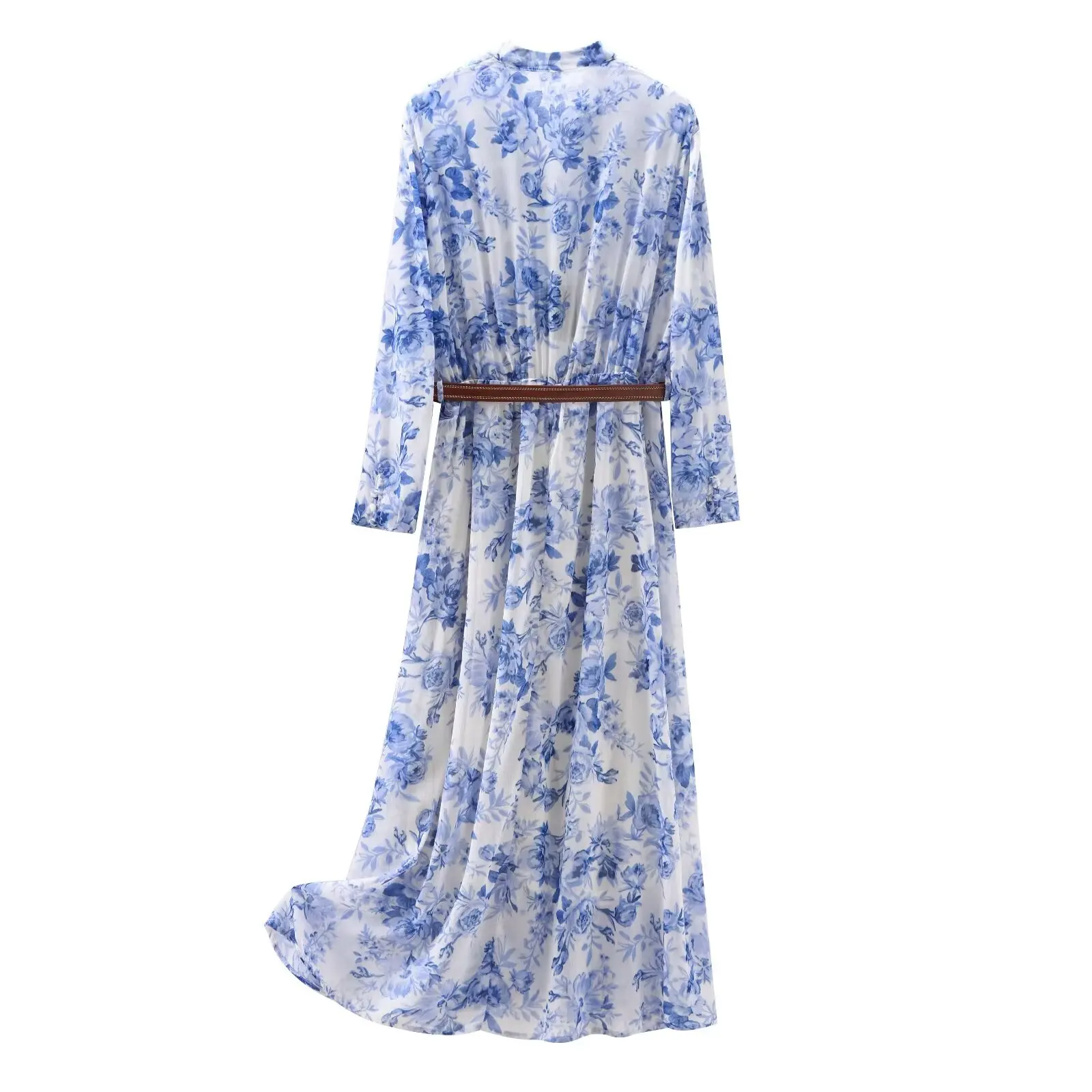 Withered Summer French Retro Blue Dress Women Floral Midi Dress With Belt Fashion Ladies Elegant Cascading Dress