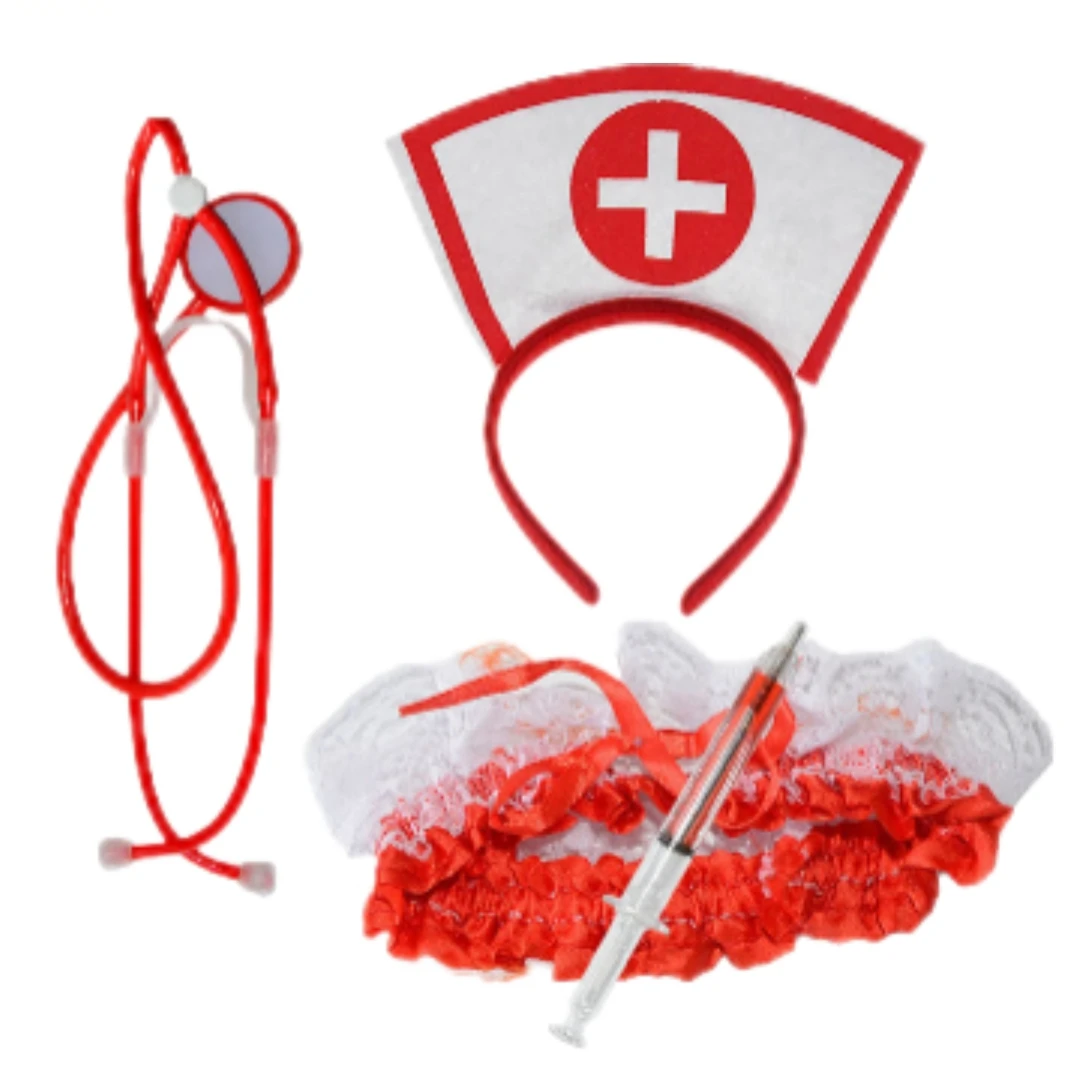 Halloween nurse headwear with fake stethoscope pen sexy nurse headwear headband lace red cute cosplay costume birthday makeup