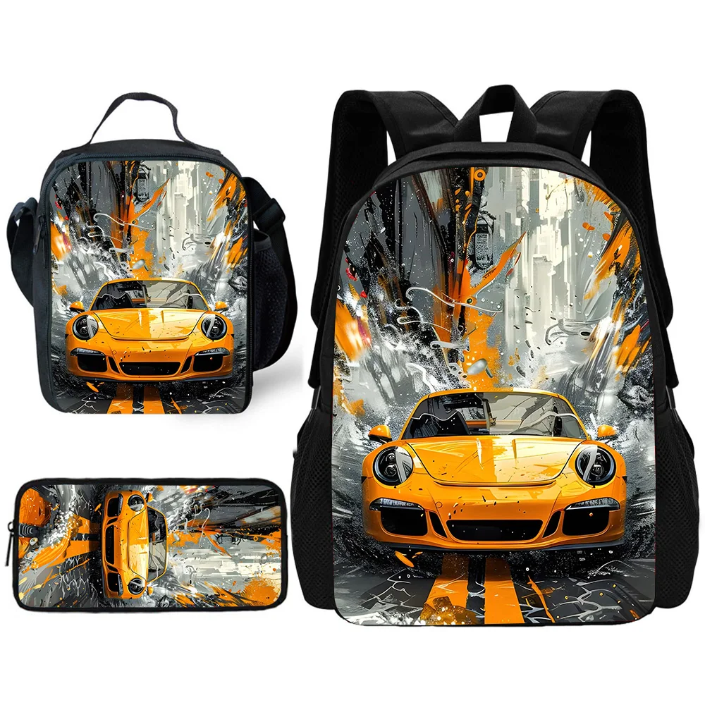 Child School Fashion Luxury sports cars Backpack with Lunch Bags ,Pencil Bags ,School Bags for Boys Girls Best Gift