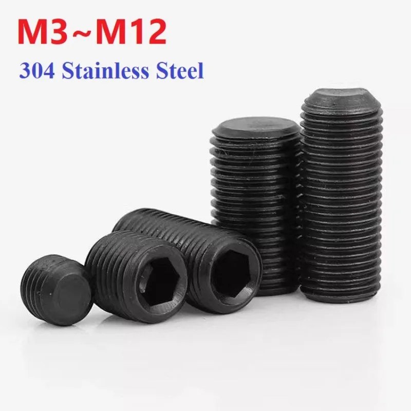 304 Stainless Steel Hexagon Socket Set Screws with Flat Point Black M3 M4 M5 M6 M8 M10 M12 Allen Drive Headless Screws