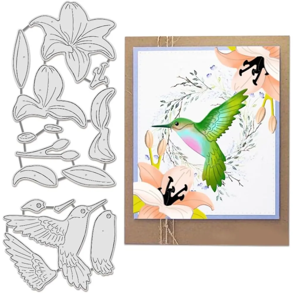 Bird Flower Metal Die Cuts, Hummingbird Lily Leaves Cutting Dies Cut Stencils Embossing Stencils Template for Paper Card Making