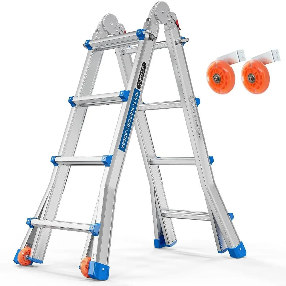 Telescoping A-Frame Ladder with 4 Steps, Extends to 17 Ft, Multi-Position Folding, Flared Legs, and Wheels