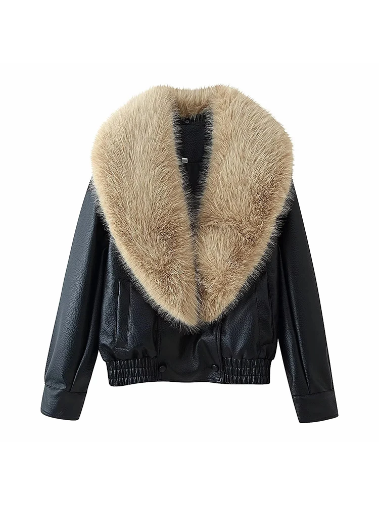 Jaquetas Femininas com Gola de Pele Sintética, Casaco Vintage de Inverno, Moda Quente, Jaquetas Bomber de Couro Sintético Soltas, Look Chic para Mulheres