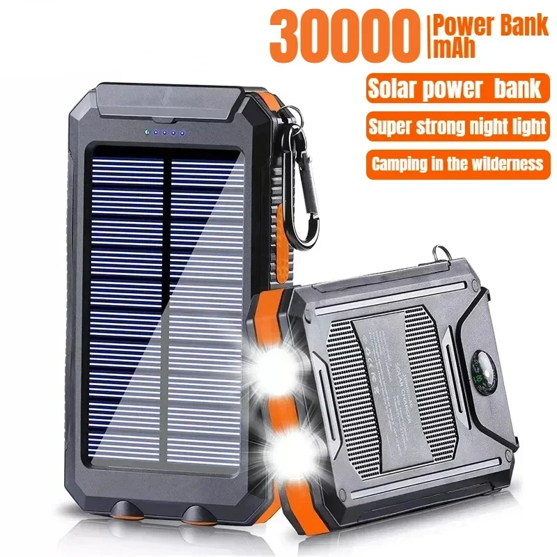 Solar Power Bank 30000mAh Portable Charging Poverbank External Battery Charger  Strong Light LDE Light for iphone xiaomi huawei