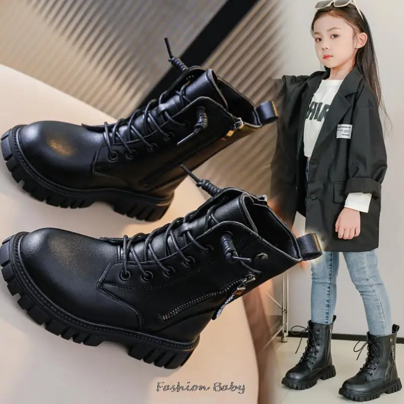 Princess Teens Girls Long Boots Spring Leather Flat Booties Single Winter Boots Metal Decoration Kids Botas Nina 26-36