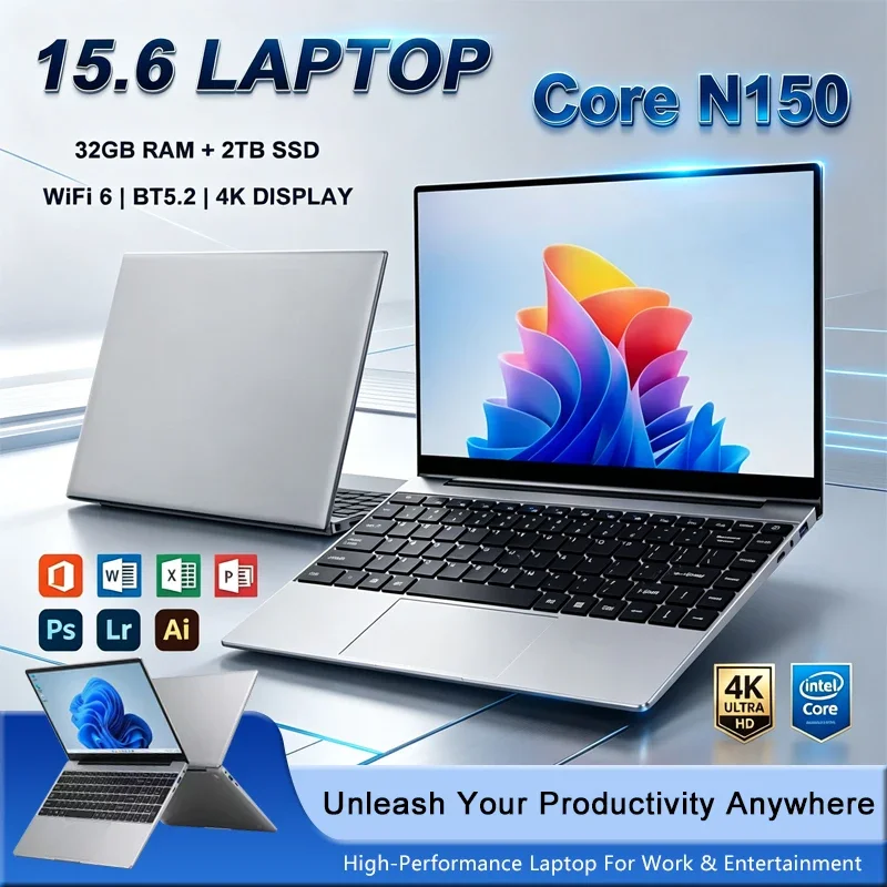 15.6 Inch Full HD IPS Laptop 120Hz Screen Intel Core N150 32GB RAM 2TB SSD Backlit Keyboard Long Battery Life Windows 11