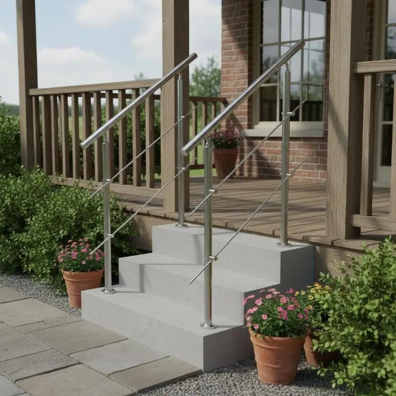Rampe d'escalier, 100 cm, Main courante d'escalier extérieure en acier inoxydable, 2 barres transversales, Kit d'installation, Garde-corps double colonne pour personnes âgées, Porche, Terrasse