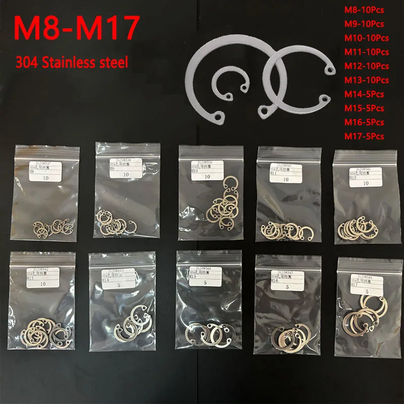 80pcs GB893.1 C Type Internal Circlip Hole Clip Snap Ring Mix Size M8-M17 Kit Set 304 Stainless Steel Shaft Retaining