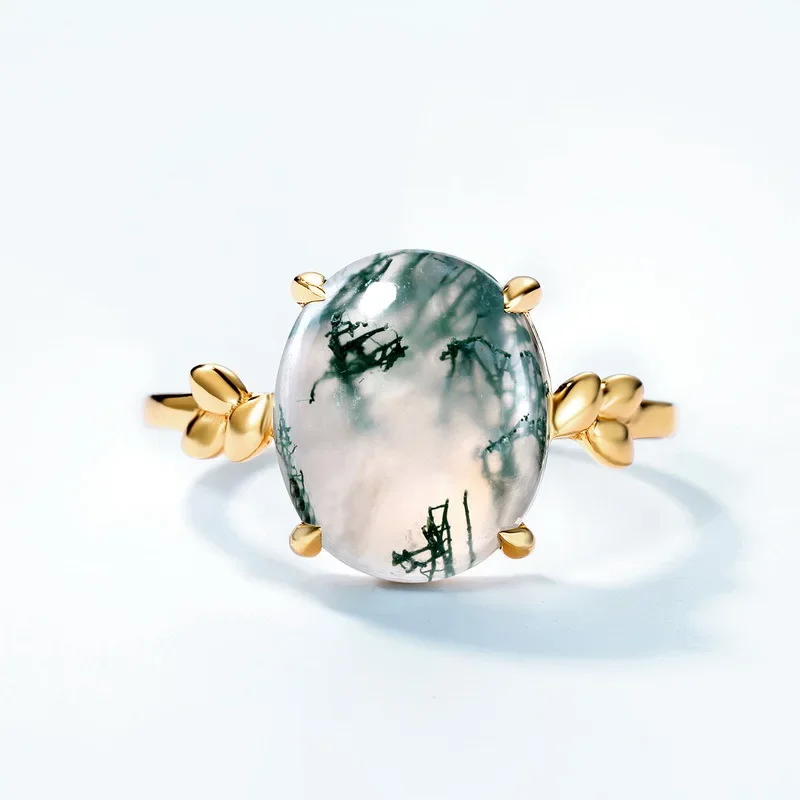 Pigeon Egg Natural Agate Ring for Women 18K Gold Inlaid with Colored Gems PT950 Platinum Green Moss Stone Closed Ring