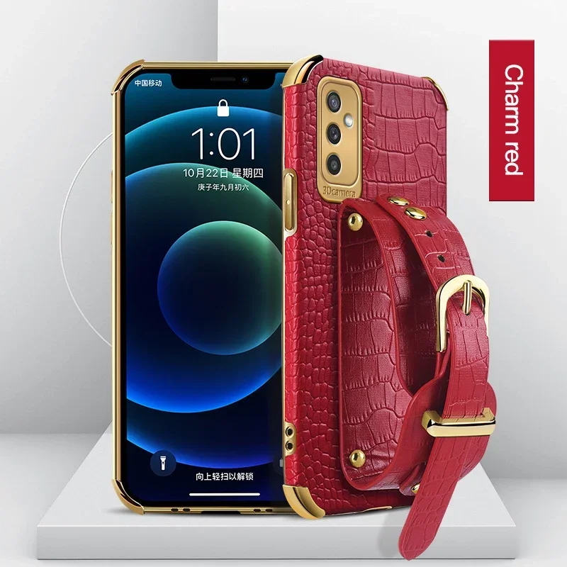 Crocodile Leather Phone Case Wrist Strap For Samsung Galaxy A54 A56 A55 A50s A52 A53 A51 4G 5G Wristband Holder Soft Cover Cases