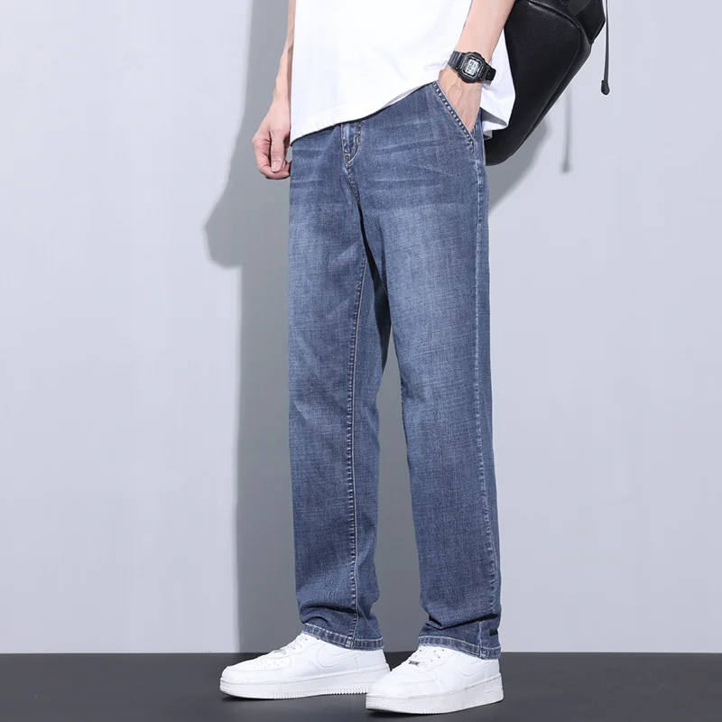 

Brand Men's New Casual Straight Jeans Korean Style Fashion Loose Pants Retro Stretch Classic Men's Denim Trousers Blue Gray