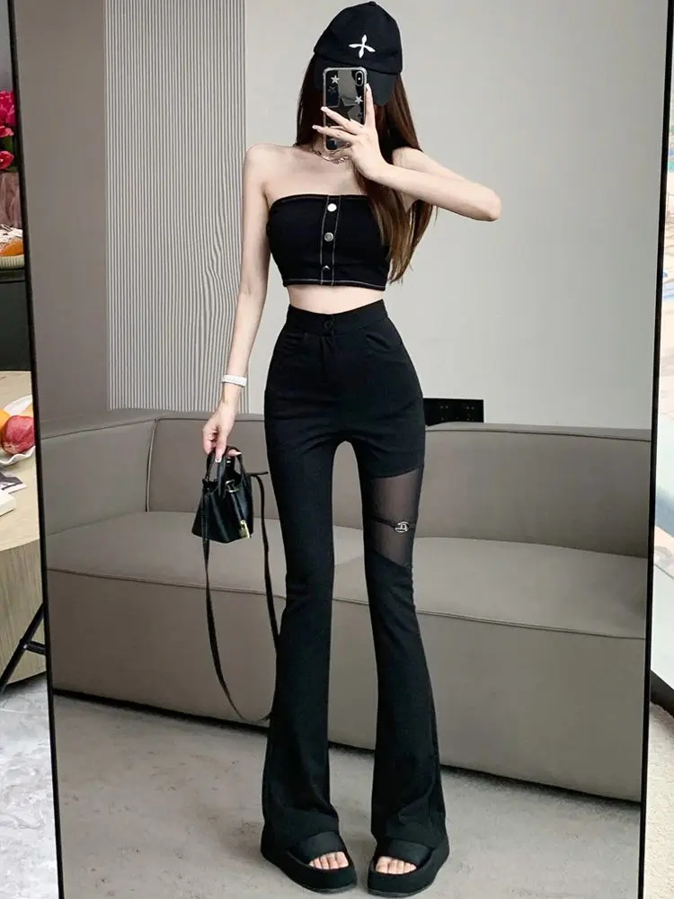 Hotsweet Flare Pants Women Summer Thin Sexy Mesh Spliced Black Slim High Waist Solid Hollow Out Pants