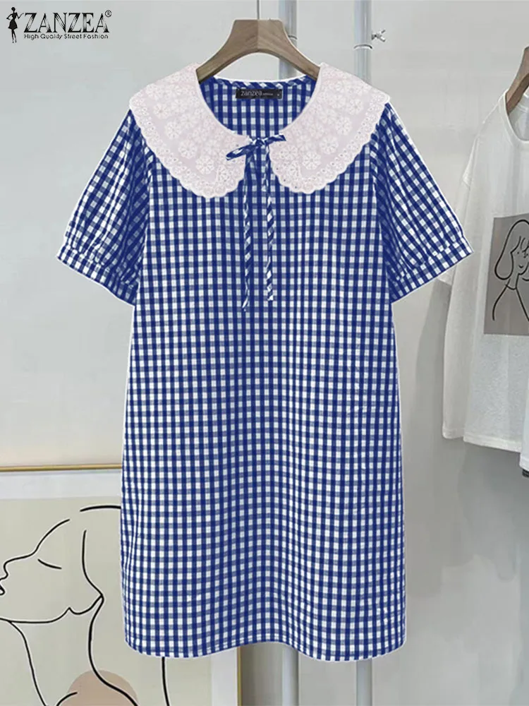 

ZANZEA Korean Version Doll Collar Sundress Sweety Plaid Dress Fashion Women Lace Stitching Straight Dress Casual Loose Mini Robe