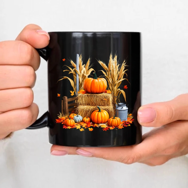 Black ceramic cup, autumn harvest pumpkin and corn stalk design, suitable for autumn coffee and tea