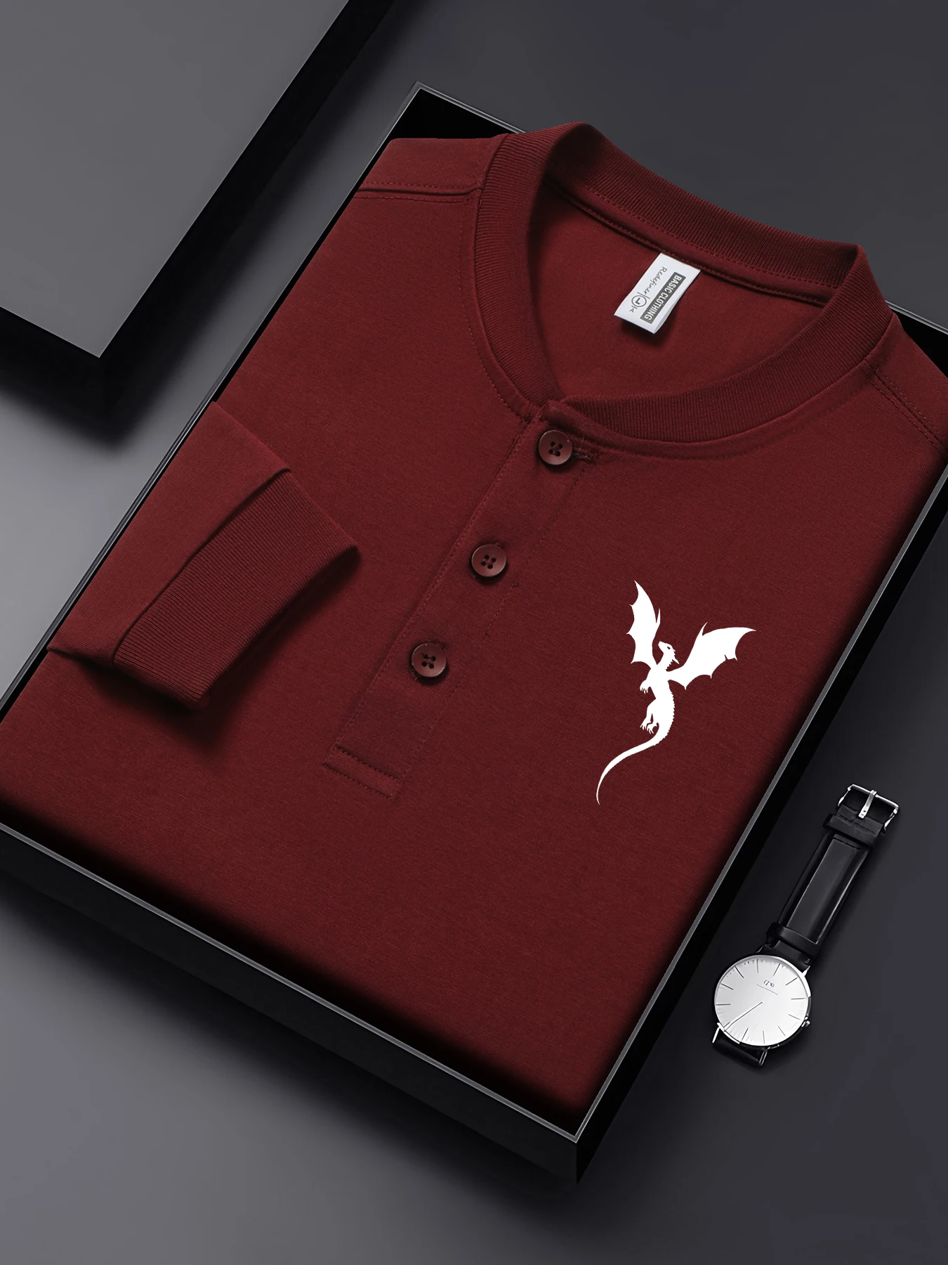 

Dragon Pattern Simple Print Henley Shirts Mens Autumn All-Match T Shirt Henry Neck Clothing Business Cotton Long Sleeves
