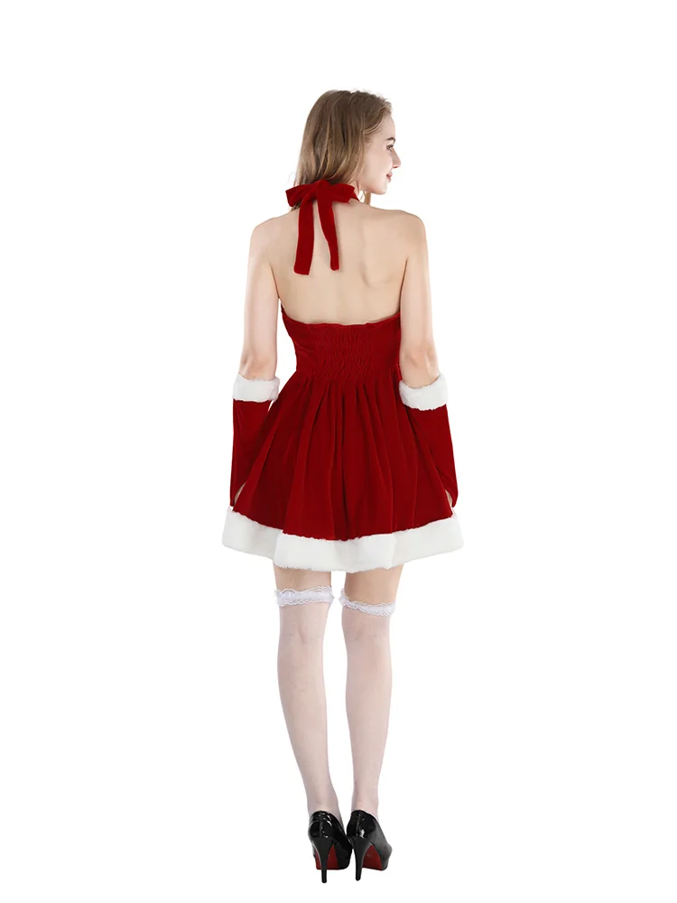 ROLECOS Christmas Uniform Plush Short Halter Backless Dress Santa Claus Women Snowflake Outfits New Year Red Cosplay Costumes