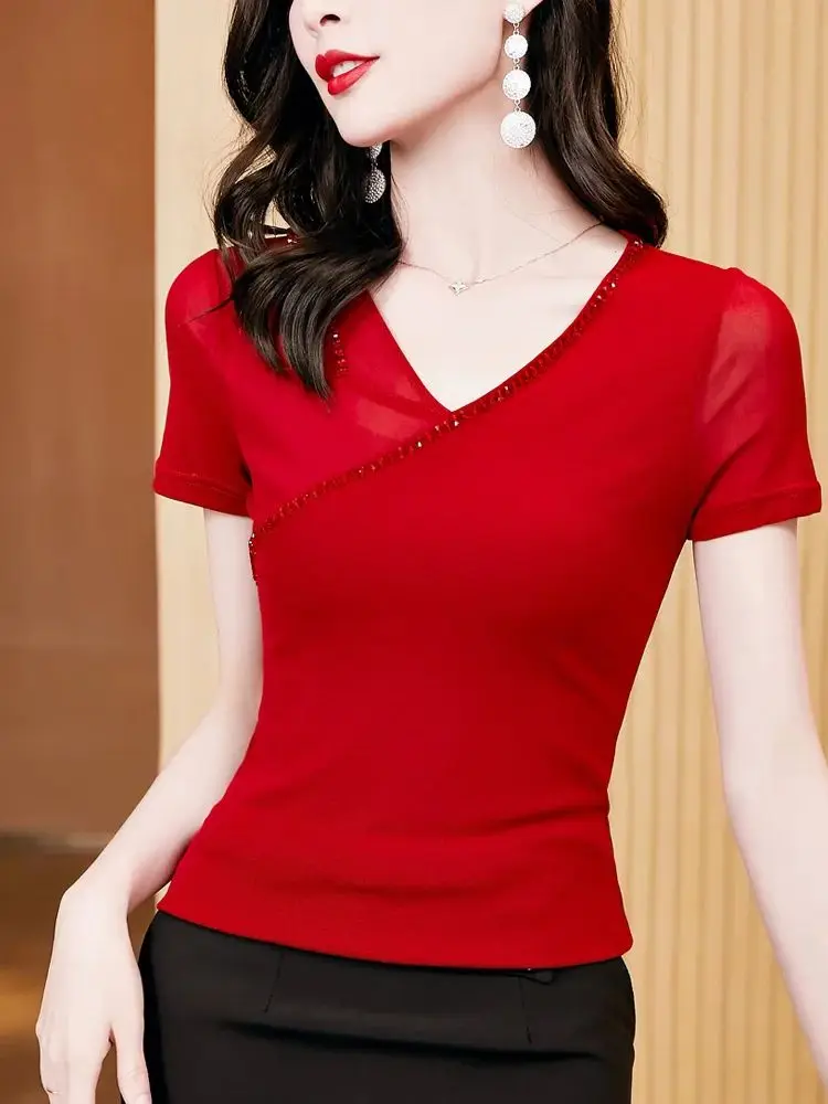 Nowa letnia koszulka damska z krótkim rękawem sweter z dekoltem typu V-neck koszulki odzież damska koszulki damskie Skinny T-Shirt