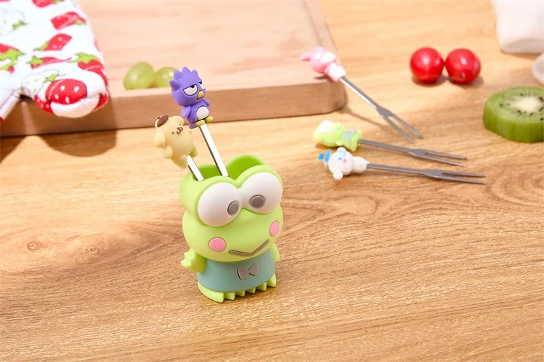 Sanrio Keroppi Stainless Steel Fruit Fork Cute Silicone Cartoon Fruit Fork Mini Home Frog Fruit Stick